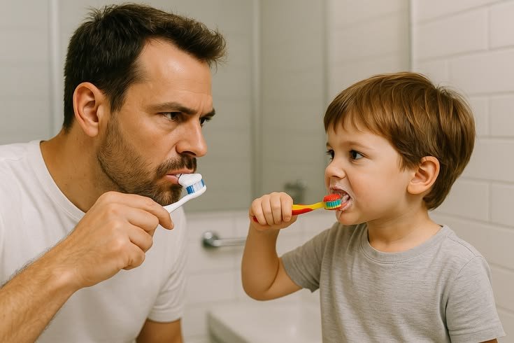Parent helping a young child brush their teeth